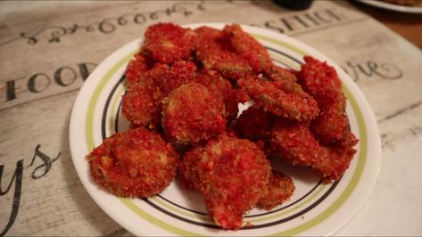 Part of the how to cook fried appetizers video Fried Hot Cheeto Pickles Recipe, Hot Cheetos Fried Pickles, Hot Cheeto Fried Pickles, Hot Cheeto Pickles, Fried Pickle Recipe, Fried Appetizers, Mushrooms Fried, Carnival Foods, Fried Jalapenos