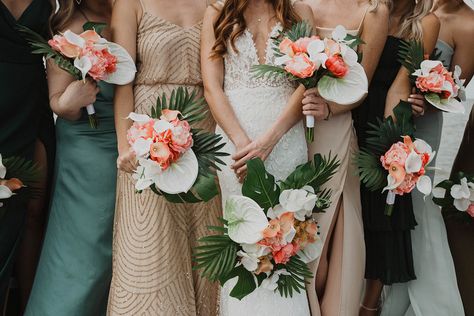 Tropical Wedding and Silk Flower Bouquet Reveal! Colorful Tropical Bouquet, Boho Tropical Bridesmaid Dresses, Simple Tropical Bouquet Wedding, Tropical Spring Wedding, Monstera Leaf Wedding Bouquet, Tropical Bridesmaids Dresses, Bridesmaid Fans Bouquet, Tropical Wedding Hairstyles, Tropical Wedding Bridesmaid Dresses