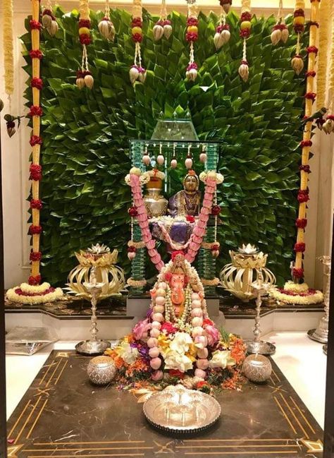 Vratham Decoration Satyanarayana, Satya Narayana Pooja Decoration, Satyanarayan Pooja Decoration, Pooja Backdrops, Gowri Ganesha, Varalakshmi Decoration, Krishna Decoration, Festival Backdrop, Flower Decoration For Ganpati