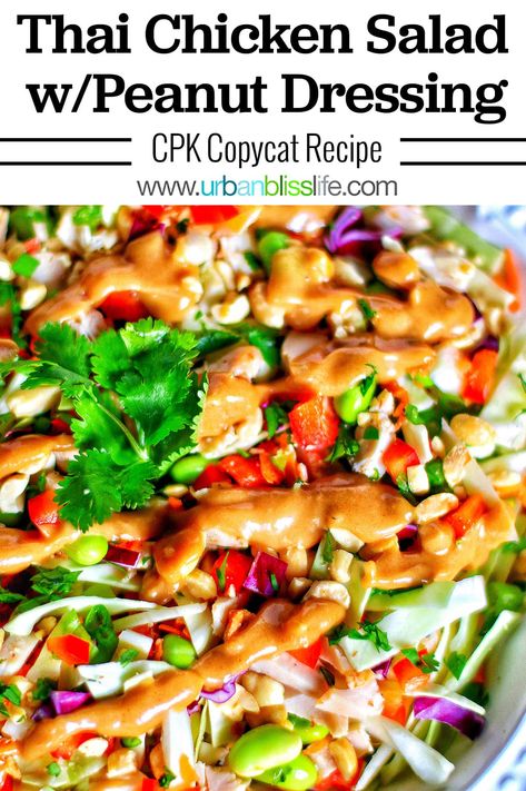 Thai Chicken Salad is a CPK Copycat recipe - a healthy dish perfect for meal planning that comes together in under 30 minutes! Yummy crunchy veggies with a tangy peanut dressing. Recipe on UrbanBlissLife.com #thaifood #chickensalad #salad #cpkcopycatrecipe #copycatrecipe #saladrecipes #chickenrecipes #healthyrecipes #healthy #mealprep #mealplanrecipes #mealplanideas Chinese Chicken Salad Peanut Dressing, Copycat Granite City Asian Chicken Salad, Thai Peanut Chicken Crunch Slaw Salad, Kona Grill Asian Salad Recipe, Thai Chicken Salad With Peanut Dressing, Cpk Thai Crunch Salad Recipe, Thai Peanut Chicken Salad, Cheesecake Factory Thai Chicken Salad, Cpk Recipes