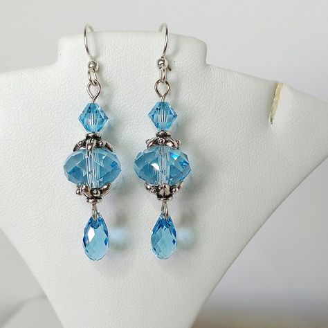 Swarovski Crystal Earrings With That Famous Swarovski Sparkle! These Are Made With Swarovski Crystal And Silver-Plated Metal And Measure About 1 1/4" From The Bottom Of The Earwire. These Are In Swarovski's Aquamarine Color. Glass Crystal Earrings, Pearl And Crystal Earrings, Blue Crystal Earrings For Gifts, Blue Crystal Dangling Earrings, Blue Beaded Crystal Dangle Earrings, Blue Crystal Earrings With Dangling Beads, Beaded Wedding Jewelry, Creative Earrings, Crystal Jewelry Diy