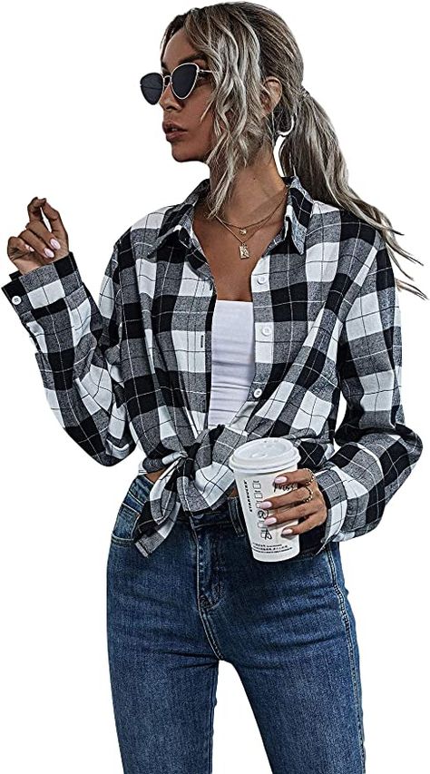 Floerns Women's Casual Long Sleeve Button Down Plaid Shirt Blouse Top at Amazon Women’s Clothing store Flannel Shirt Outfit, Black And White Flannel, High Low Shirt, Womens Flannel Shirt, White Flannel, Flannel Women, Shirt Blouses Tops, Plaid Flannel Shirt, Plaid Tops