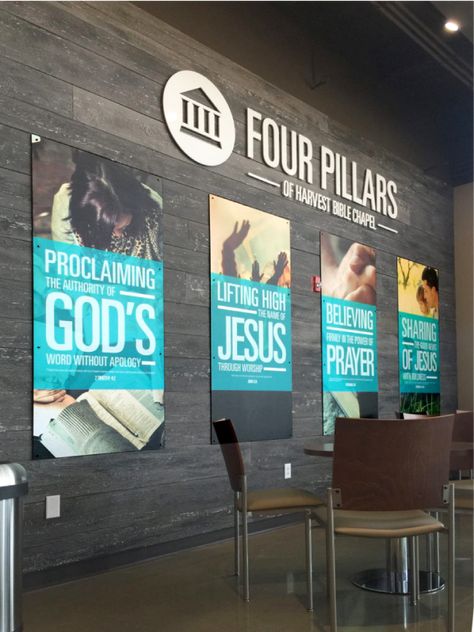 Interior Wayfinding, Church Signage, Church Lobby Design, Church Welcome Center, Harvest Church, Kids Church Decor, Church Foyer, Church Lobby, Church Building Design