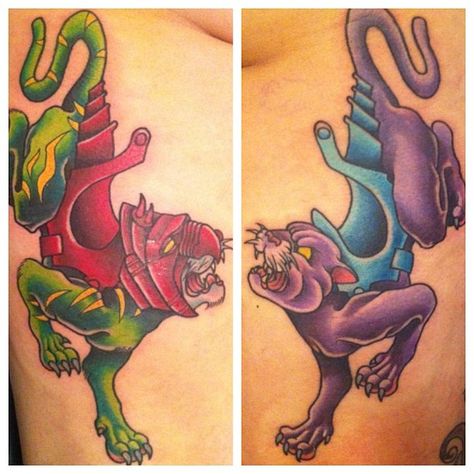 Battle Cat and Panthor Tattoo by gooneytoonstattoo.deviantart.com on @DeviantArt Battle Cat Tattoo, Skeletor Tattoos, He Man Tattoo, Aesthetic Reference, Stomach Tattoo, Japanese Tiger, Man Tattoo, Universe Tattoo, Comic Tattoo