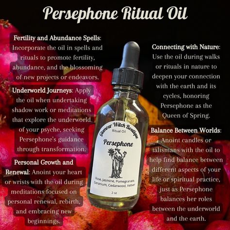 Step into the realm of renewal and transformation with our Persephone Ritual Oil 🌸💀✨. This divine blend captures the dual essence of Persephone, embodying both the tender bloom of spring and the profound depths of the underworld. Infused with floral notes for her ascent and earthy undertones for her reign below, this oil aids in rituals of rebirth, personal growth, and navigating life's transitions. Anoint yourself to honor your own cycles of change, just as Persephone embraces her dual role ... Working With Persephone, Persephone Offerings, Persephone Ritual, Persephone Alter, Witchy Vision Board, Hellenic Pagan, Glamour Witch, Witchcraft Knowledge, Goddess Persephone