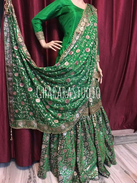 Kamkhwab Gharara with beautiful Resham and zari weaving. Georgette dupatta with zari and resham embroidery all over.  WhatsApp to order at +919971865919  #gharara #ghararastudio #ghararastudiobyshazia #greengharara #bridalgharara #bridal #wedding #weddingdress #fashion #fashionstyle #instafashion #fashiongram #fashiondiaries #blog #blogger #fashionblogger #indianfashion #indiandress #ethnic #traditional #indianwedding #hautecouture #outfit #classy #asianbridalsblog Banarsi Gharara Designs, Bridal Gharara Designs, Embroidery On Dupatta, Bridal Gharara, Gharara Designs, Petty Revenge, Revenge Stories, Resham Embroidery, Girls Dresses Sewing