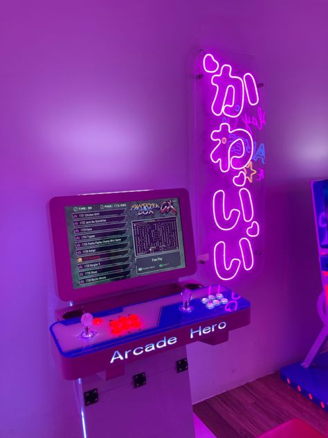 Vintage Japanese pink arcade inside aesthetic cafe is every gamers dream. There is a neon Jspanese pink sign. Games included are streetfighter and many other vintage arcade games. Arcade Room Aesthetic, Japanese Arcade Aesthetic, Pink Aesthetic Japanese, Sign Games, Inside Aesthetic, Japanese Arcade, Pink Sign, Basketball Arcade Games, Japanese Pink