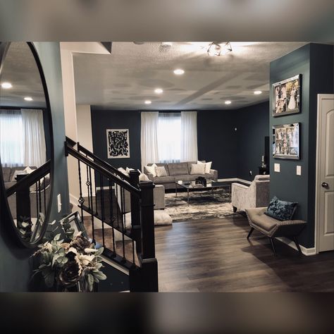 Paint color: Riverway by Sherwin Williams Riverway Sherwin Williams Living Rooms, Riverway Sherwin Williams, Buy Dirt, Zyla Colors, Building House Plans Designs, Building House, Beautiful Living Rooms, Black Wall, Paint Colors For Home