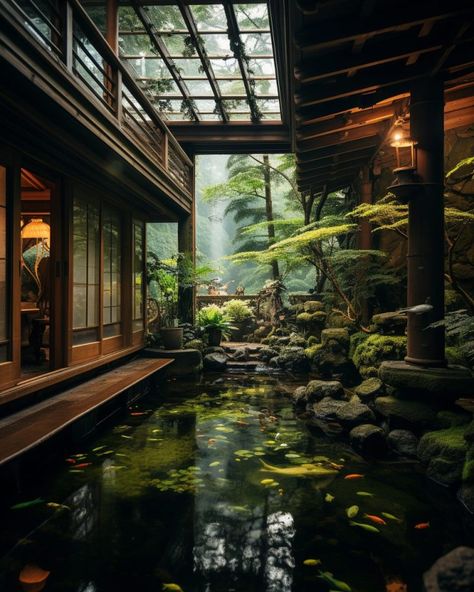 Traditional Japanese House with an Indoor Pond and Skywell Japanese Houses Traditional, Indoor Pond Ideas, Patio Oasis Ideas, Pond Rocks, Indoor Pond, Traditional Japanese Home, Pond Accessories, Traditional Japanese House, Pond Ideas