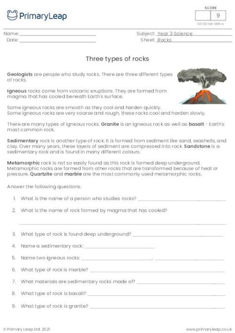 A year 3 science worksheet with informational text about the three different types of rocks: igneous, metamorphic, and sedimentary. This page also includes 9 comprehension questions for students to answer. Types Of Rocks Worksheet, Rock Cycle Worksheet, Rocks Worksheet, Sedimentary Rock Formation, Types Of Rocks, Different Types Of Rocks, Geography Worksheets, Rock Cycle, Science Lesson Plans