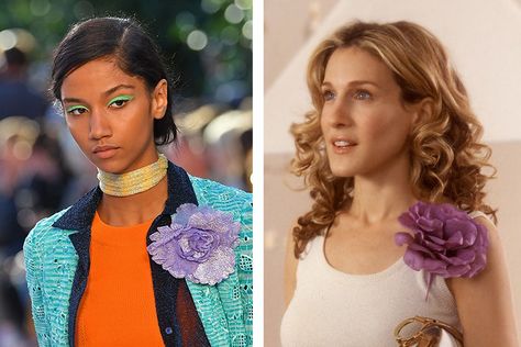 Carrie Bradshaw Flower, Milan Runway, Nameplate Necklace, Carrie Bradshaw, Flower Pins, Flower Brooch, Missoni, Evening Gown, Trending Accessories