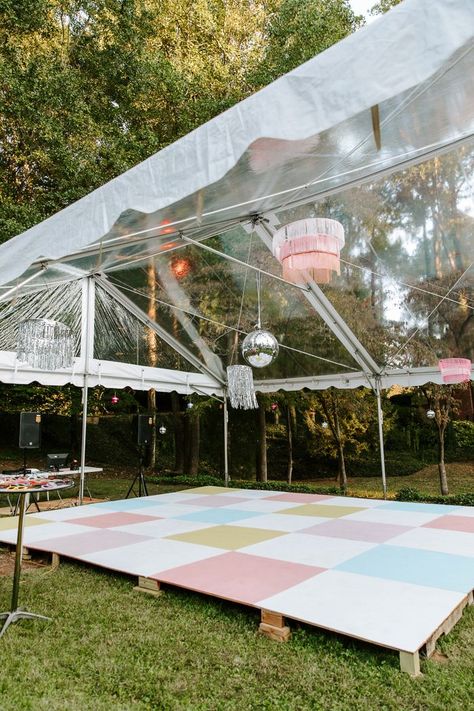 The pastel-checkered dance floor welcomed guests to kick off their shoes and revel in an all-night party filled with joy and celebration.| Image by Payton Urueta Photography Pastel Dance Floor, Diy Checkerboard Dance Floor, Garden Party Dance Floor, Colorful Dance Floor, Backyard Wedding Dance Floor, Backyard Dance Floor, Checkered Dance Floor Wedding, Diy Dance Floor, Diy Wedding Dance Floor