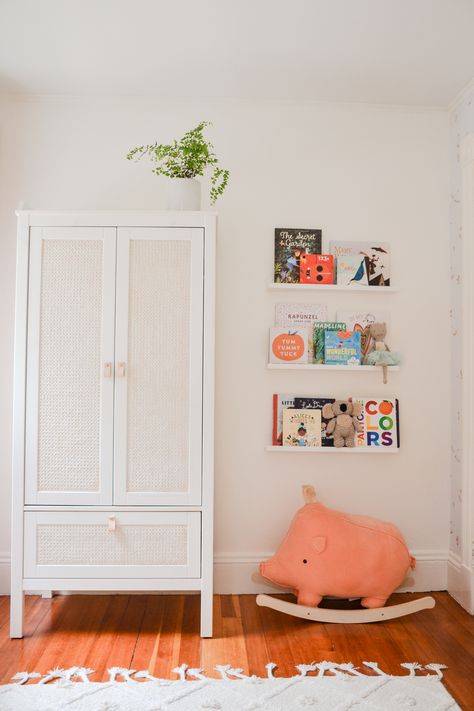 Nursery With Armoire, Nursery Armoire Closet, Sundvik Wardrobe Hack, Nursery With Wardrobe, Armoire In Nursery, Sundvik Wardrobe, Ikea Kids Dresser, Ikea Kids Wardrobe, Girls Armoire