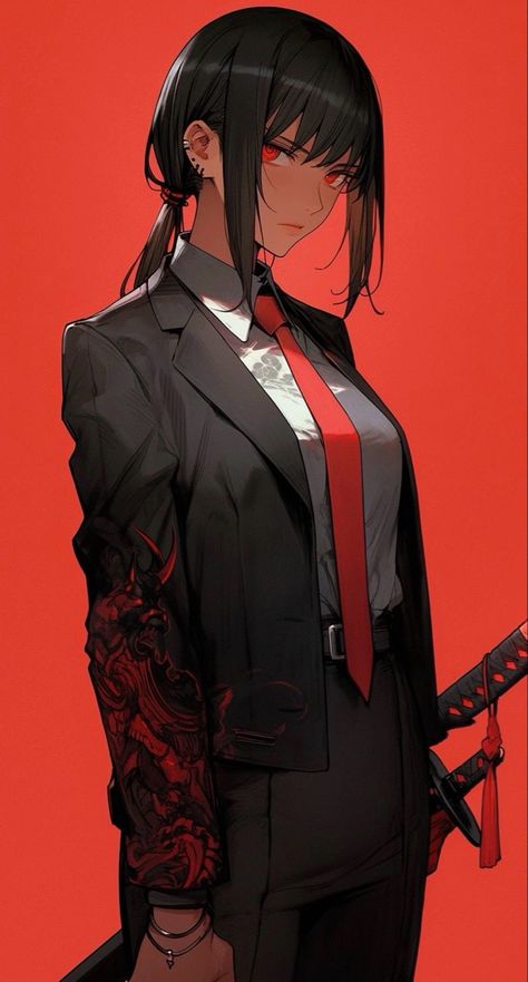 Female Suit Art, Anime Female In Suit, Anime Mafia Female Boss, Anime Suit Female, Anime Woman In Suit, Samurai Woman, Anime Suit, Woman In Suit