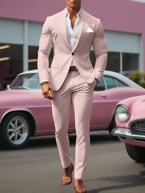 Men's Solid Color Lapel Neck Long Sleeve Suit Jacket And Trousers Business Casual 2-Piece Set, Spring And Autumn Pink Work    Plain  Non-Stretch  Men Clothing, size features are:Bust: ,Length: ,Sleeve Length: Mens Pastel Suits, Men’s Pink Suit, Costume Rose Homme, Grown Men Outfits, Pink Formal Outfit Men, Light Pink Suit Men, Rose Gold Groomsmen, Salmon Suit, Prom Looks For Guys