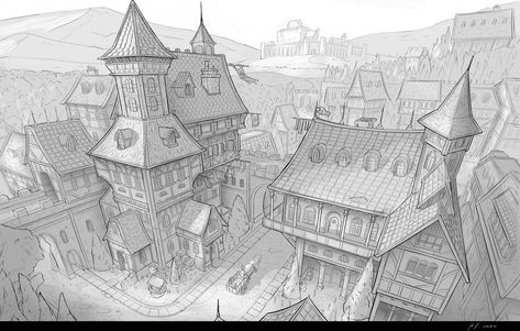 linework by JonathanDufresne Town Drawing, Medieval Artwork, Perspective Drawing Architecture, Bg Design, Heroic Fantasy, City Drawing, Fantasy City, Character Design Animation, Environment Design