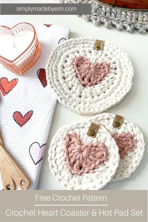 Crochet Heart Coaster and Hot Pad Set | Free Crochet Pattern Valentines Day Crochet Patterns Free, Valentines Day Crochet Ideas, Heart Coasters Crochet, Valentine Crochet Patterns Free, Crochet Heart Coaster, Valentines Day Crochet, Crochet Coaster Set, Valentine Crochet, Heart Coaster