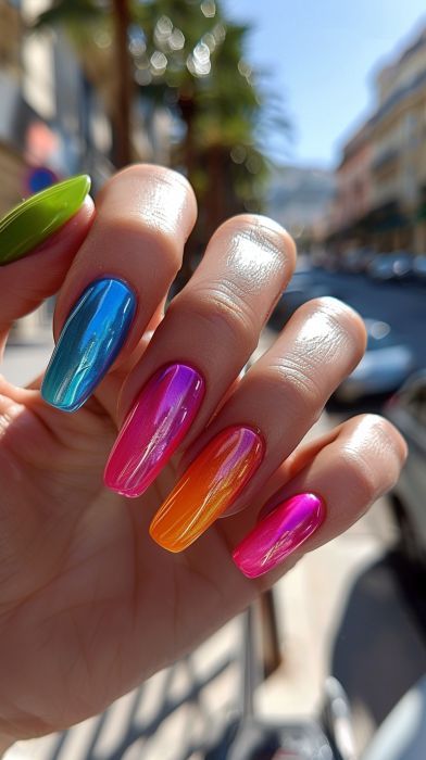 Sns Ideas, Summer Nails Nail Art, Summer Manicures, Ruby Nails, Summer Nails 2024, American Nails, Multicolored Nails, Opal Nails, Acrylic Toe Nails