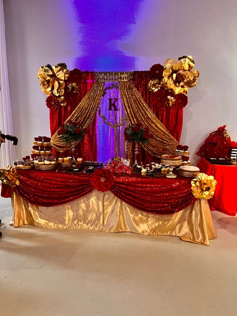 Red And Gold Theme, Red Quince Decorations, Red And Gold Quinceanera Decorations, Red Quinceanera Theme, Red And Gold Quince, Quince Theme Ideas, Quinceanera Red, Food Table Decorations, Red Quinceanera Ideas