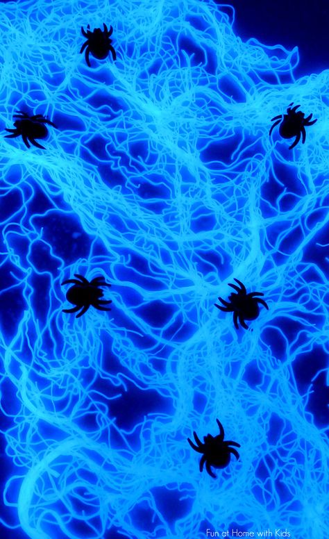 Edible Glowing Spiderweb Sensory Play - spooky messy glowing fun from Fun at Home with Kids Spider Activities, Glow Halloween, Halloween Sensory, Home With Kids, Halloween Preschool, Autumn Activities For Kids, Spider Webs, Kids Sensory, Glow Party