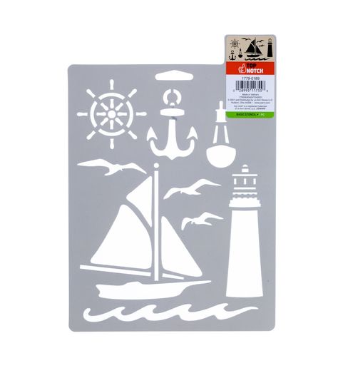 Set sail for creativity with the Top Notch Nautical Stencil Sheet Give your ocean - inspired projects a little something extra with the various nautical icons featured in this stencil sheet Durable and reusable, this plastic stencil sheet is easy to clean up with mild soap and warm water Give your project some ocean fun with the Top Notch Nautical Stencil Sheet Set sail for creativity with the Top Notch Nautical Stencil Sheet Give your ocean - inspired projects a little something extra with the Nautical Stencils, Nautical Crafts, Trend Fabrics, Viking Sewing, Plastic Stencil, Easter Projects, Ocean Inspired, Easter Celebration, Set Sail