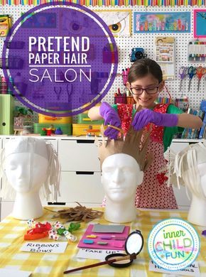 Pretend Paper Hair Salon for Kids - This looks like so much fun, especially for a rainy day!! Hair Salon For Kids, Dramatic Play Ideas, Kids Hair Salon, Dramatic Play Preschool, Dramatic Play Area, Dramatic Play Centers, Side Swept, Play Centre, Rainy Day Activities