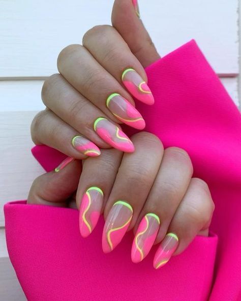 Light Pink Nail Designs, Pink Tip Nails, Swirl Nail Art, Neon Pink Nails, Pink Nail Colors, Fest Temaer, Light Pink Nails, Hot Pink Nails, Green Nail Designs