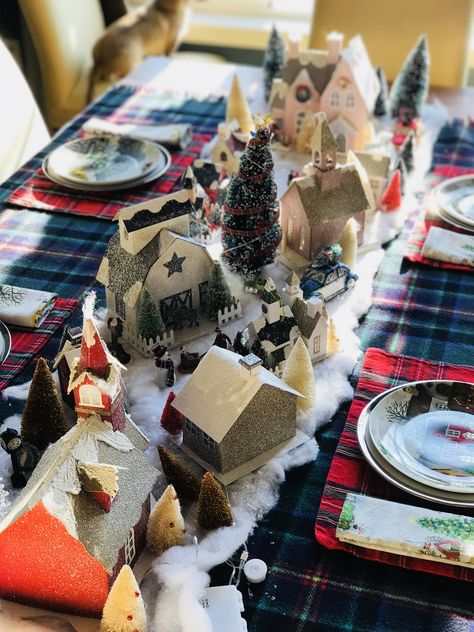 Christmas Village Tablescape Christmas Village Dinner Table, Christmas Village Tablescape, Christmas Village Table Centerpiece, Village Tablescape, Christmas Village Table, Dining Table Centerpiece, Ceremony Ideas, Christmas Village, Dinner Table