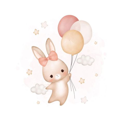 Premium Vector | Watercolor illustration baby rabbit flying with balloons and stars Rabbit Illustration Design, Baby Animal Illustration, Cute Rabbit Illustration, Rabbit Balloon, Watercolor Rabbit, Bunny Illustration, Balloons Ideas, Rabbit Clipart, Flying Balloon