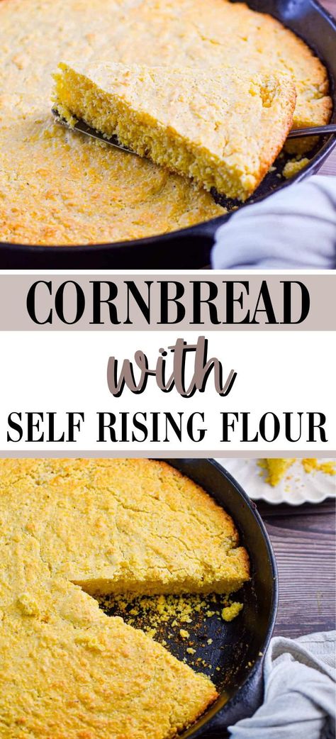 This foolproof recipe for Cornbread with Self Rising Flour is so easy to make and baked to perfection in a hot cast iron skillet! Enjoy this cornbread any time of year with your favorite chili or soups! Self Rising Flour Cornbread Recipe, Cornbread With Self Rising Flour, Recipe For Cornbread, Cornbread Recipe Sweet, Vegan Cornbread, Family Breakfast Recipes, Vegan Egg Substitute, Southern Cornbread, Homemade Cornbread