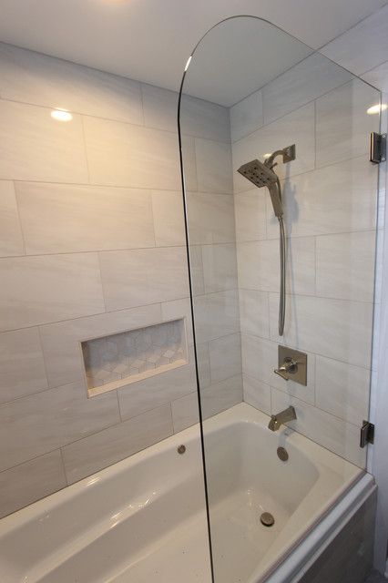 Grey Tiled Bathroom and Shower ~ Streetsboro, OH - Transitional - Bathroom - Cleveland - by Cabinet-S-Top | Houzz Tiled Tub Shower Combo With Window, Cozy Bathroom Design, Twin Bathroom, Tub Shower Combo Remodel, Lakehouse Bathroom, Bathtub Tile Surround, Shower Alcove, Kid Bathroom, Tile Tub Surround