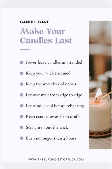 Small Business Candles l Pretty Candles l We want you to have the BEST experience with your new candle. These candle care tips are here to keep you safe and give your candle the longest life ever! Discover unique candles, pretty candles, candles aesthetic, candle decor, candle holder, and soy candles. Our candles are the perfect addition to your home decor! Find more info at www.theturquoisetortuga.com Candle Booth Display, Candle Scent Combinations, Soy Candle Facts, Make Soy Candles, Candle Science, Candle Making Studio, Pretty Candles, Homemade Soy Candles, Popular Candles