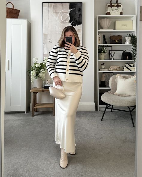 Stripe Cardigan Styling Cream Slip Skirt, Cardigan And Skirt Outfit, Cardigan Outfit Plus Size, Striped Cardigan Outfit, Cream Skirt Outfit, Stripe Cardigan Outfit, Cardigan Styling, Satin Skirt Outfit, Work Outfit Inspiration