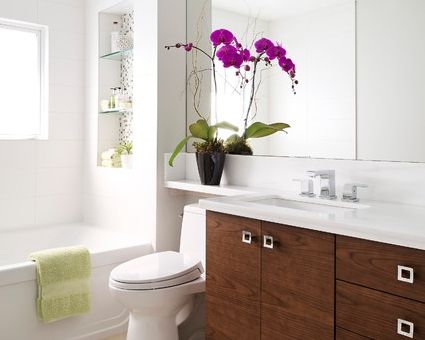 Personally, I love an exceptionally tall mirror in a space, because it adds height and feels luxurious. I love a horizontal mirror too, especially when we are trying to achieve a zen or modern look in a bathroom. | Design -er: Hicks Fine Homes Coastal Townhouse, Bathroom Niche, Over Toilet, Bathroom Design Inspiration, Bathroom Counter, Tiny Bathrooms, Small Bath, Gold Bathroom, Trendy Bathroom