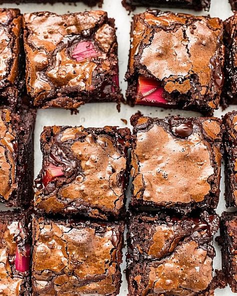 Recipes Player | Dark Chocolate Rhubarb Brownies | Facebook Chocolate Rhubarb Brownies, Rhubarb Brownies, Brownies Ingredients, Baking Stuff, Brownie Ingredients, Best Banana Bread, Peanut Butter Cups, Ripe Banana, Brownie Recipes