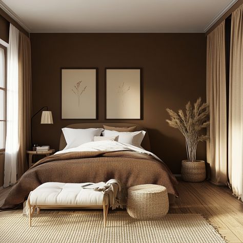 brown bedroom Greige Paint Bedroom, Bedroom Decor Dark Brown Furniture, Brown Wall Decor Bedroom, Brown Guest Bedroom Ideas, Light Brown Floor Bedroom, Brown Room Paint Ideas, Coffee Colour Bedroom Ideas, Coffee Brown Paint Color, Cocoa Brown Paint Color