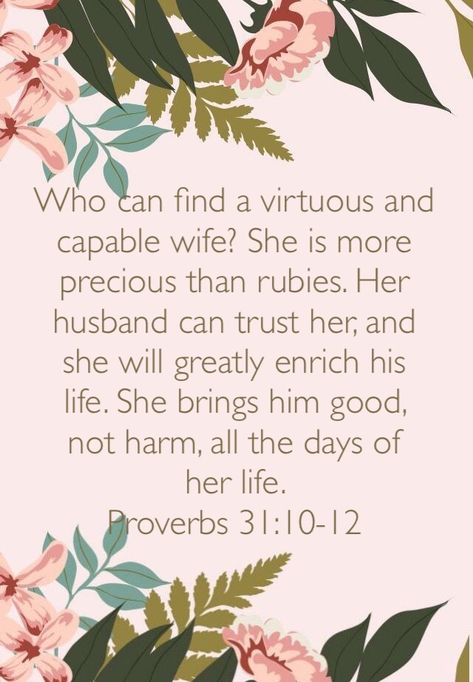 A virtuous woman indeed! Even with all of our flaws we can strive to be this God fearing woman by building our husbands up with love, support and respect. And in turn our husbands will do the same. This will bring peace in our homes and build strong God-centered households. #bible #biblestudy #jesus #christian #biblejournaling God Fearing Woman, Proverbs 31 Woman Quotes, Proverb With Meaning, A Proverbs 31 Woman, God Centered, Above Rubies, Proverbs 31 Wife, Bible Proverbs, God Fearing