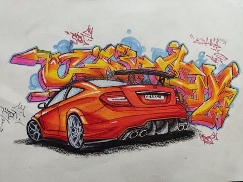 Graffiti Car Drawings, Car Graffiti Art, Grafity Drawings, Graffiti Car, Car Graffiti, Drawing Colorful, Car Book, Back Drawing, C 63 Amg