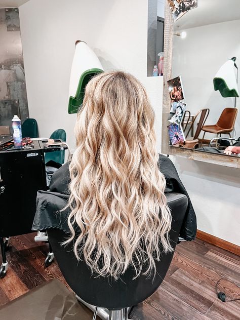 Curled Medium Length Hair Wedding, Womens Curled Hairstyles, Long Blonde Crimped Hair, Salon Curls Hairstyles, Curled Hair Volume, Mermaid Hair Curls, Long Beach Curls, Beachy Waves Bridal Hair, Curls In Long Hair