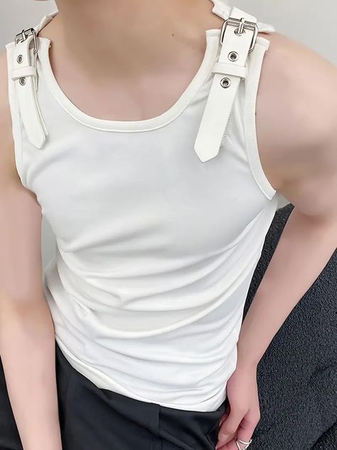 Men Tank Tops Sleeveless Streetwear O neck Vests - Temu F Men, Winter Fashion Jackets, Korean Casual, Sleeveless Pullover, Vest White, Strap Design, Knit Vest, Mens Vest, Leather Men