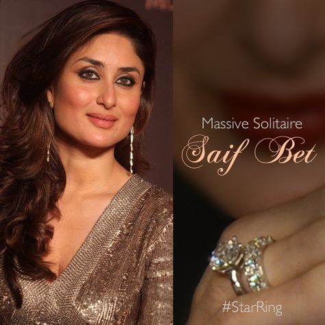 #StarRing Saif Ali Khan and Kareena Kapoor Khan. Storyline: Bollywood diva gifts herself a 7 carat sparkler in 2009. Saif plays it safe by proposing with a solitaire so massive, it's like a new planet. So, sweetheart, do you think Saif loves Kareena more than you love me? Kareena Kapoor Ring, Kareena Kapoor Engagement Ring, Celebrity Rings, New Planet, Aishwarya Rai Photo, Golden Watch, Indian Choker, Indian Choker Necklace, Saif Ali Khan