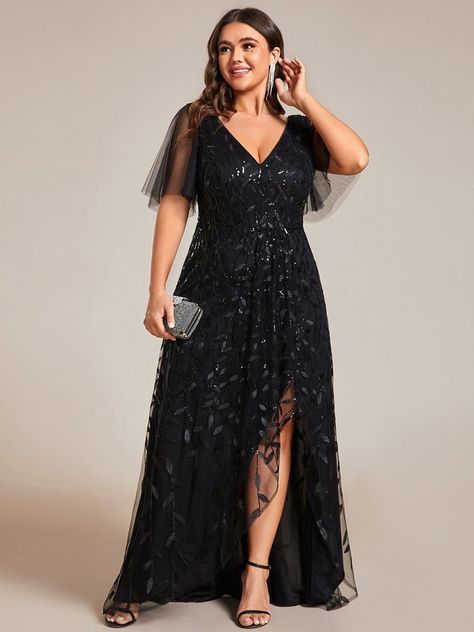 Plus Size Short Sleeves Sequin High Low V-Neck Midi Formal Evening Dress - Navy Blue / 26 Wessing Dresses, Redprom Dresses, Plus Formal Dresses, Sondra Celli, Leave Design, High Low Evening Dresses, Ruffles Sleeves, Pronovias Dresses, Evening Midi Dress