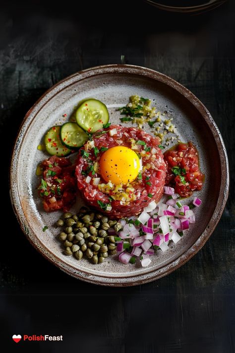 Polish Beef Tartare (Befsztyk Tatarski) Beef Tartare Recipe, Walnut Coffee Cake, Rhubarb Cake Recipes, Tartare Recipe, Raw Beef, Beef Tartare, Elegant Appetizers, Steak Tartare, Polish Recipes