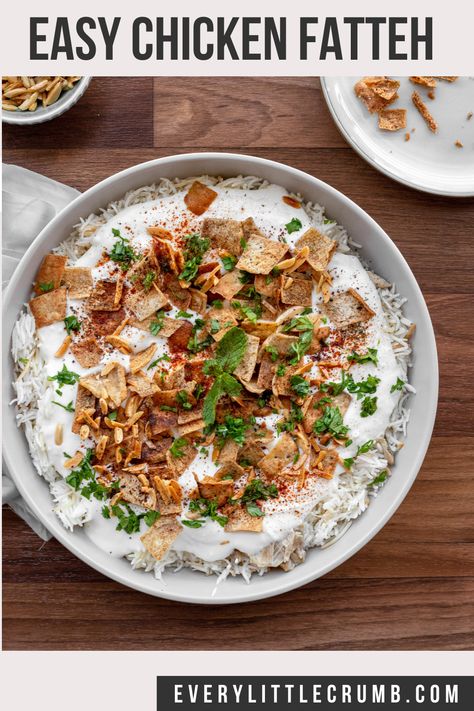 Easy Lebanese style chicken fatteh with an addictive garlicky yogurt sauce, toasted bread and nuts and shredded chicken. Absolutely delicious and so simple to make! Recipe video included. Chicken Fatteh, Lebanese Chicken, Saffron Chicken, Make Chicken Broth, Rice Chicken, Middle Eastern Dishes, Toasted Bread, Turkey Dishes, Stuffed Whole Chicken