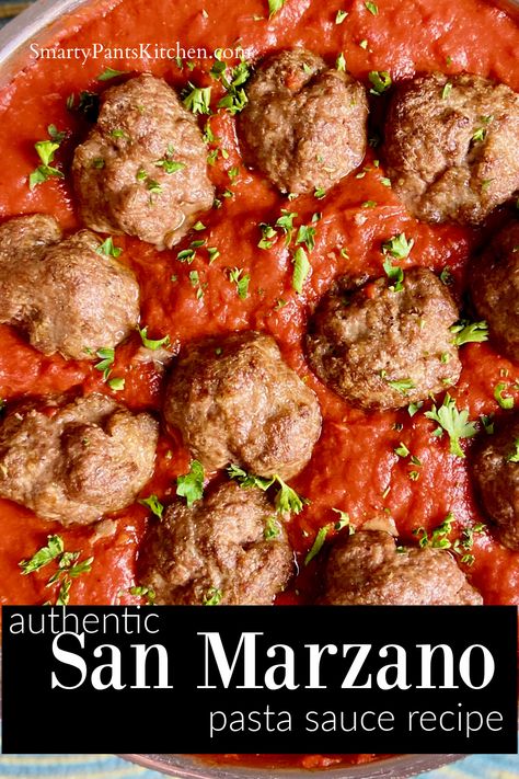 Meatballs nestled in San Marzano pasta sauce Homemade Pasta Sauce San Marzano, San Marzano Spaghetti Sauce, Marania Sauce, Marinera Sauce Recipe, San Marzano Tomatoes Recipes, San Marzano Tomato Sauce Recipes, Spagetti And Meatball Recipe, San Marzano Tomato Sauce, Italian Dinners