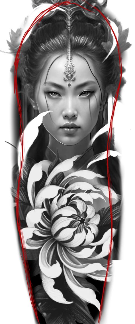 Female Samurai Tattoo, Tato Geisha, Japanese Geisha Tattoo, Geisha Tattoo Design, Female Samurai, Geisha Tattoo, Full Sleeve Tattoo Design, Japan Tattoo Design, Tattoo Inspiration Men