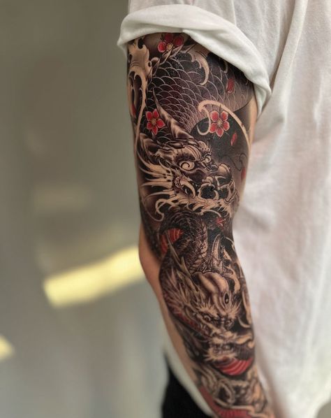 Realistic Dragon Tattoo For Men, Japanese Tattoo Sleeve Men, Cherry Blossom Dragon Tattoo, Japanese Style Tattoo Sleeve, Japanese Dragon Tattoos For Men, Japan Dragon Tattoo, Dragon Tattoo Full Sleeve, Water Dragon Tattoo, Dragon Shoulder Tattoo