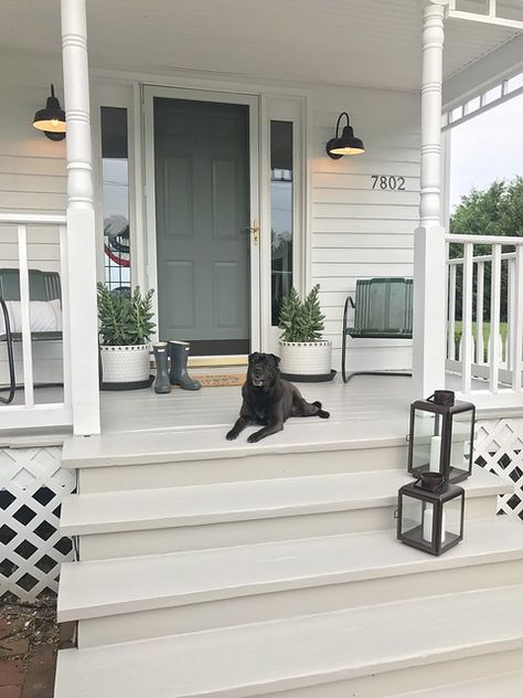 Small Front Porch Paint Ideas, Front Porch Floor Colors, Painted Porch Floor Wood, Porch Floor Paint Colors, White Front Porch, Victorian Front Porch, Verandah Ideas, Homey Touches, Front Porch Railings