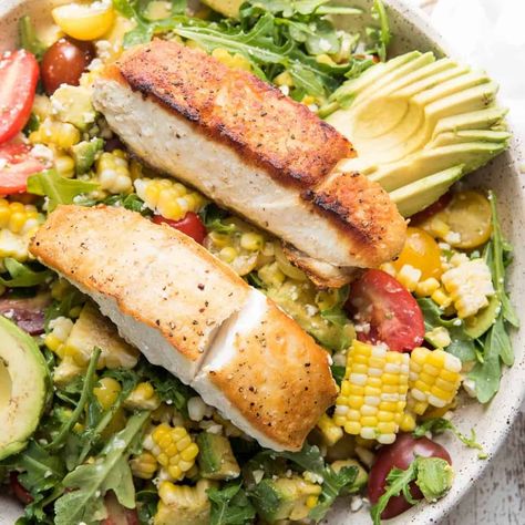 Halibut Salad, Corn And Avocado Salad, Pan Seared Halibut, Seared Halibut, Halibut Recipes, Summer Dishes, Pan Seared, Avocado Salad, Satisfying Food