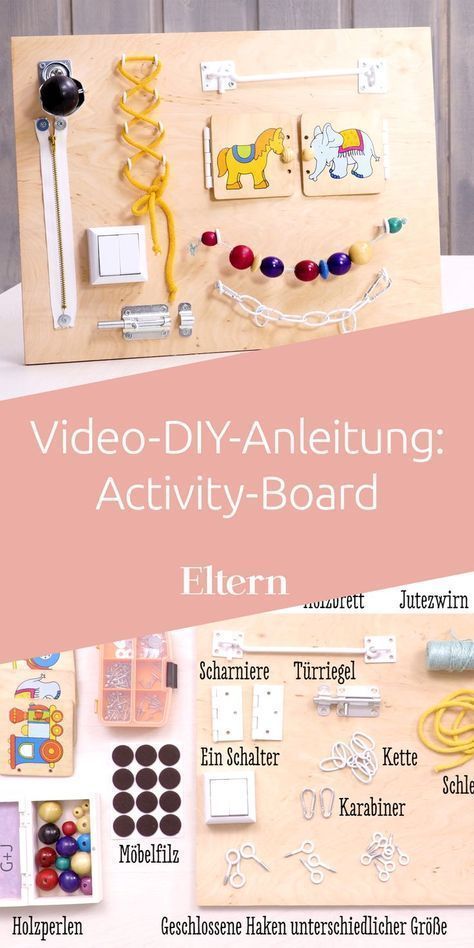 Mit einem Activity-Board ist dein Kleines ordentlich beschäftigt. Bei so vielen Spielmöglichkeiten wird’s bestimmt nicht langweilig. Das Board selber bauen? Na klar! Wir zeigen dir, wie es geht. #activityboard #beschaeftigung #baby #diy #basteln Diy Sensory Board, Latch Board, Baby Toys Diy, Montessori Educational Toys, Sensory Boards, Diy Bebe, Baby Blog, Activity Board, Busy Board